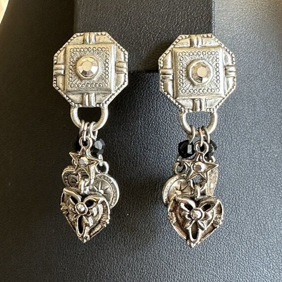 VTG Earrings Dangle Pierced 2" Rhinestones Hearts Stars Pewter Geometric‎ Charm - Picture 1 of 7